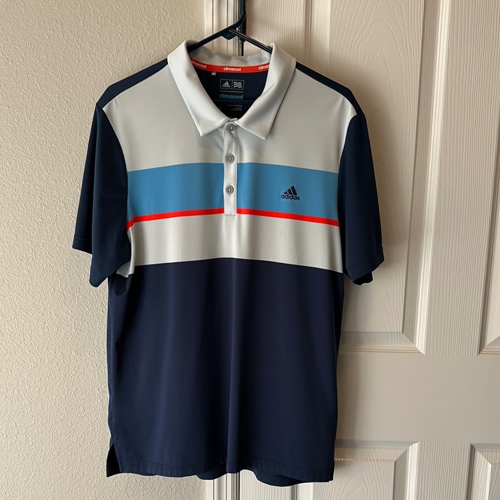 Adidas Blue and White Polo Shirt with Sporty Color-Block Design